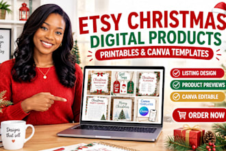 create etsy christmas digital products, printables and canva templates