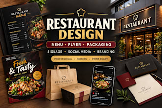 restaurant menu flyer packaging signage social media branding stationery design