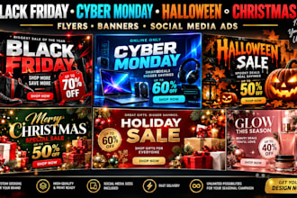 design black friday, cyber monday, christmas new year and halloween flyers