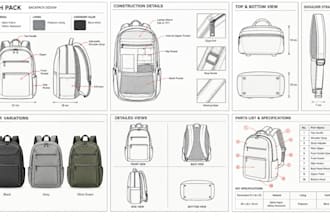 create detailed techpack design, leather handbag, patternmaker backpack, wallet