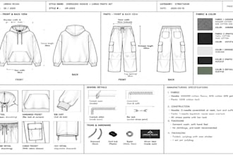 do technical flat sketches for fashion design for streetwear for manufacturing