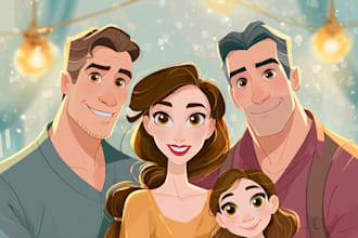 draw custom disney style portrait for family, couple and birthday gift