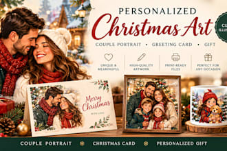 do christmas greeting card design, couple portrait, illustration for gift