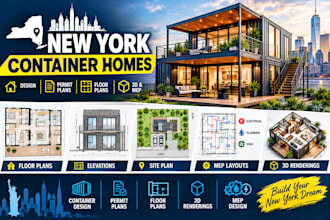 design new york container homes, permit plans, floor plans, 3d rendering mep
