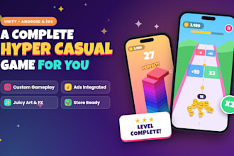 develop a complete hyper casual mobile game in unity for android and ios