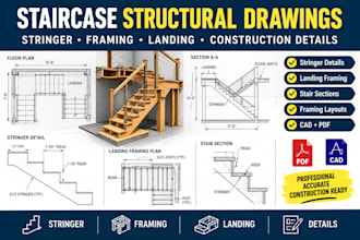 design staircase structural drawings, stringer, framing and landing plans