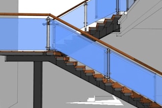 design steel, glass, wood staircase railing and 2d drawings