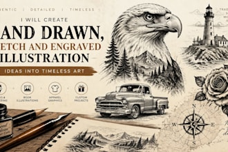 create hand drawn, sketch and engraved illustration
