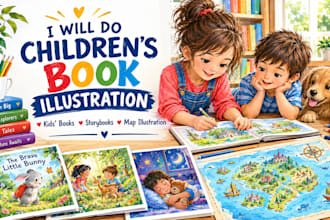 do children story book illustration, kids book illustrator and map illustration