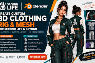 create secondlife rig 3d clothing mockup 3d garments for brand 3d model rigging