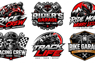 design motorcycle racing crew, rider and garage emblem logo