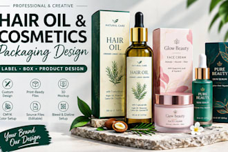 design hair oil and cosmetics label and box packaging professionally