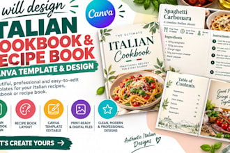 design italian cookbook, recipe book, canva template and cookbook design