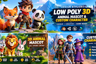 design stylized low poly 3d animal mascot and custom character