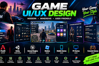 design game UI UX, game interface hud, menus and figma UI UX for PC, mobile