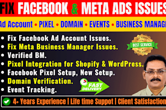fix fb ad account, business manager, pixel and domain issues