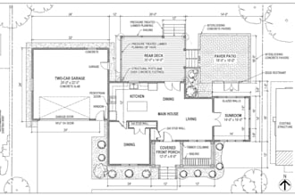draft 2d floor plan construction drawings of garage, deck, porch, sunroom, patio