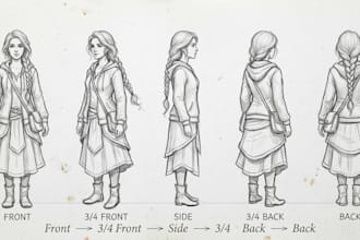 create a 2d character design with turnaround, poses and expressions