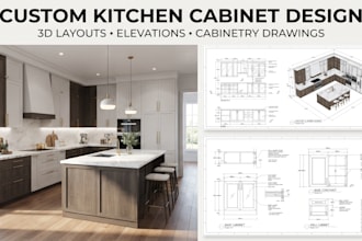 design custom kitchen cabinet, 3d layouts, elevation, and cabinet drawing