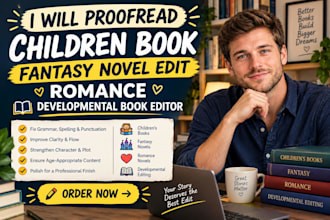 proofread, children book, fantasy novel edit, romance, developmental book editor