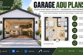 create garage adu floor plans, studio apartment layouts residential cad drawings