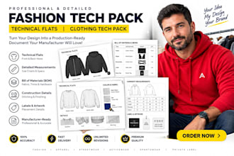 create fashion tech pack, technical flats, clothing tech pack