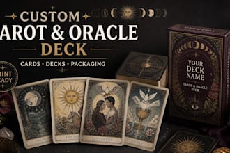 design custom tarot, uno card, oracle card deck illustration with box packaging