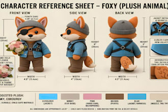 design custom plushie reference sheet stuffed animal character or ych concept