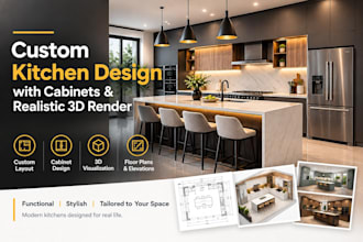 design a custom kitchen layout with cabinets and realistic 3d render
