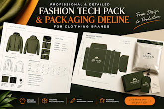 create a fashion tech pack and packaging dieline for clothing brands