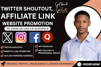 promote websites, apps, affiliate link, twitter shoutout to 250m USA UK ca