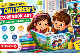 illustrate 2d childrens picture book art with consistent characters
