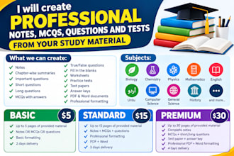 create professional notes, mcqs, questions and tests from your study material