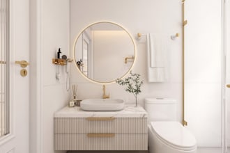 modern 3d bathroom interior design, vanity layout and photorealistic rendering