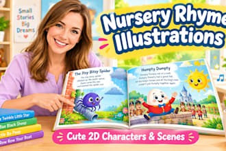create nursery rhyme illustrations with cute 2d characters and scenes