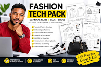 create fashion tech pack, technical flats, bag and shoe tech pack