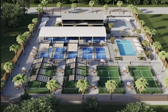 padel court rendering,3g football pitch,cafe clubhouse,sport facility layout,cgi