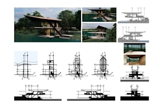 create 2d plan and 3d renders,concept design, waterfront cabin,board layout, bim