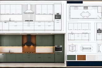 create 2020 design kitchen layouts, cabinets, 3d renders and elevations