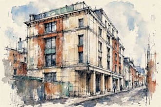 sketch architecture building with watercolor rendering