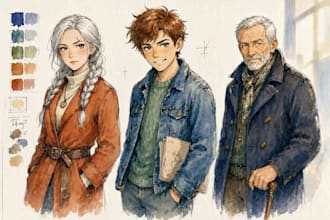 draw watercolor character design and portraits