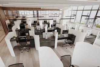 design office interior, workspace and 3d renderings
