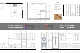 draw detailed 2d kitchen, bathroom and closet floor plans and elevations