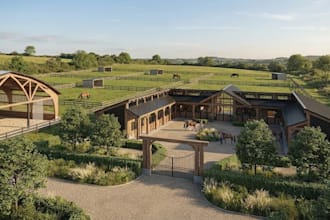 create photorealistic 3d equestrian center, horse stable and riding arena design