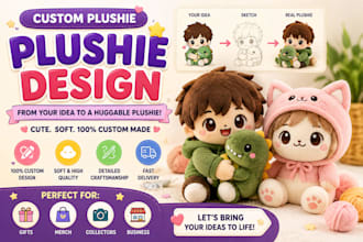 design custom plush toy, plushie design and character design with tech pack