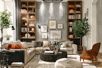 draw room interior sketches with watercolor rendering