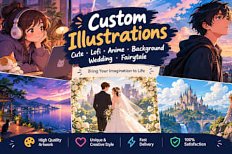 draw cute cartoon illustrations, lofi art, anime, background, wedding fairytail