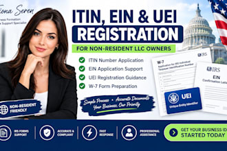 apply for your itin number, ein, uei and w7 form for non resident llc