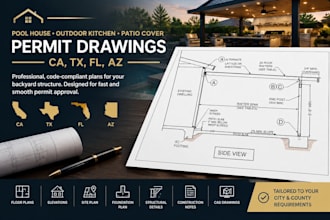 pool house, outdoor kitchen and patio cover permit drawings ca, tx, fl az