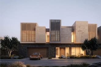 render 3d luxury villa exterior, gym interior design, warm minimalism bedroom